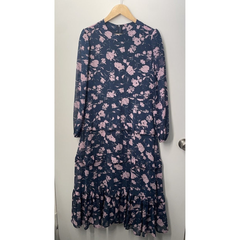 Hyacinth House Shift Midi Dress Womens Size Large Ruffle Navy Dusty Pink Floral - Picture 2 of 13
